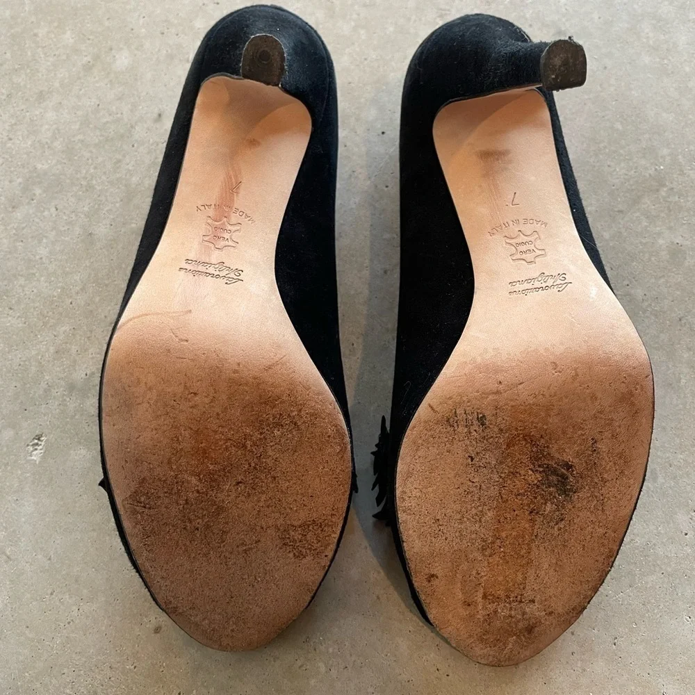 Butter Black Suede Peep Toe Heels Womens 7 Made in Italy Fringe Stiletto